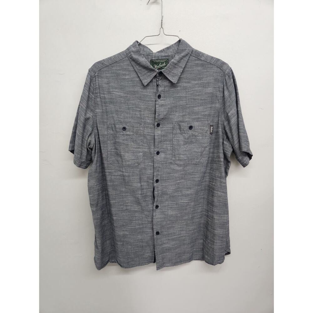 Woolrich Blue Slub Knit Cotton Button Down Short Sleeve Shirt XL NO STRETCH